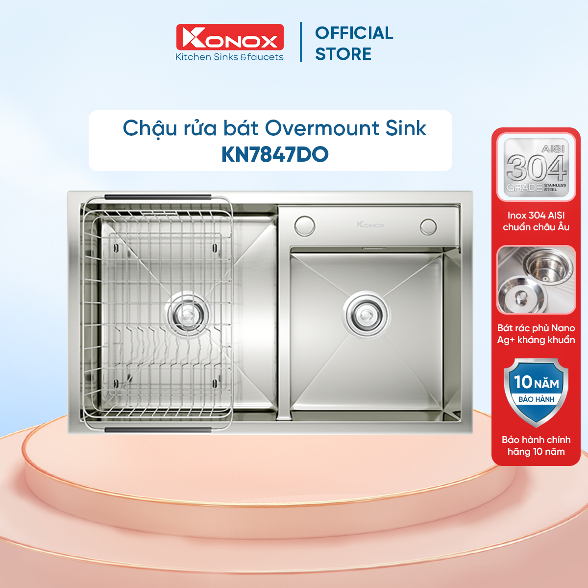 Chậu rửa bát Konox, Overmount Series, Model KN7847DO , Inox 304AISI tiêu chuẩn châu Âu, 780x470x228(mm), Hàng chính hãng