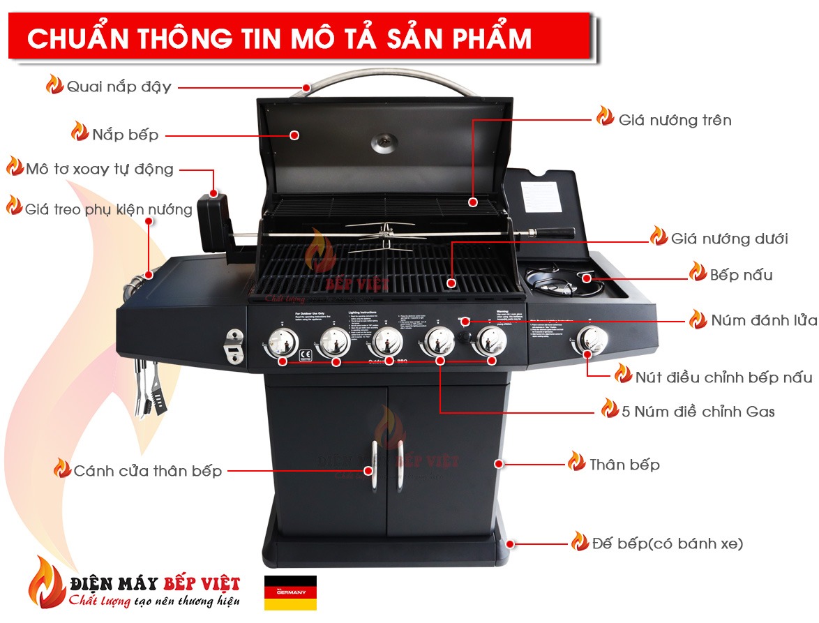 Bếp Nướng Gas Cao Cấp BBQ Grill KS-14075(5+1), Bếp Nướng Ngoài Trời, Bếp Nướng Không Khói, Bếp Nướng Sân Vườn