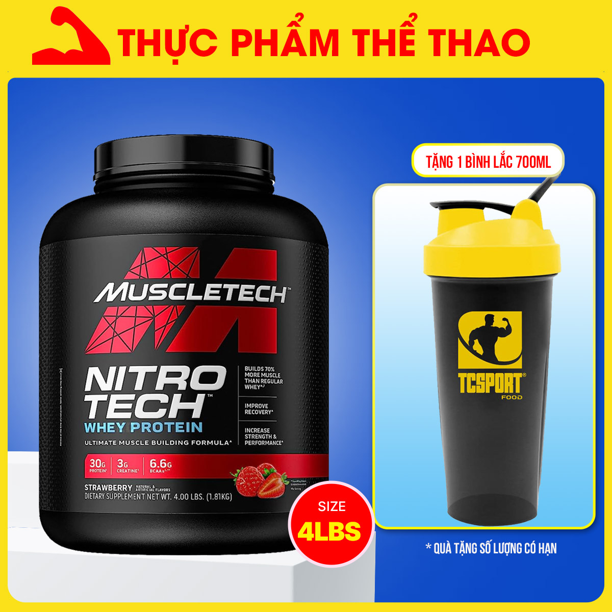 Sữa WHEY PROTEIN Tăng Cơ Tăng sức mạnh Nitro Tech 4lbs (1.81kg) - NHIỀU MÙI VỊ - KÈM QUÀ TẶNG – Bổ sung nguồn Protein chất lượng cao hỗ trợ phát triển cơ bắp to + dày - Hàng chính hãng - Thương hiệu Muscletech USA