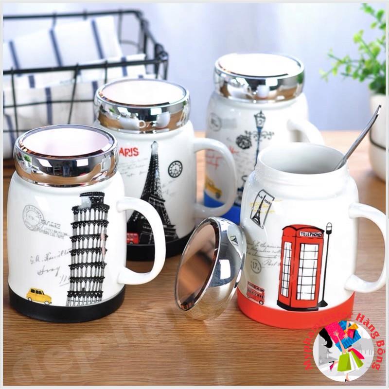 Cốc sứ uống nước hoạ tiết nắp gương kèm thìa inox 500ml