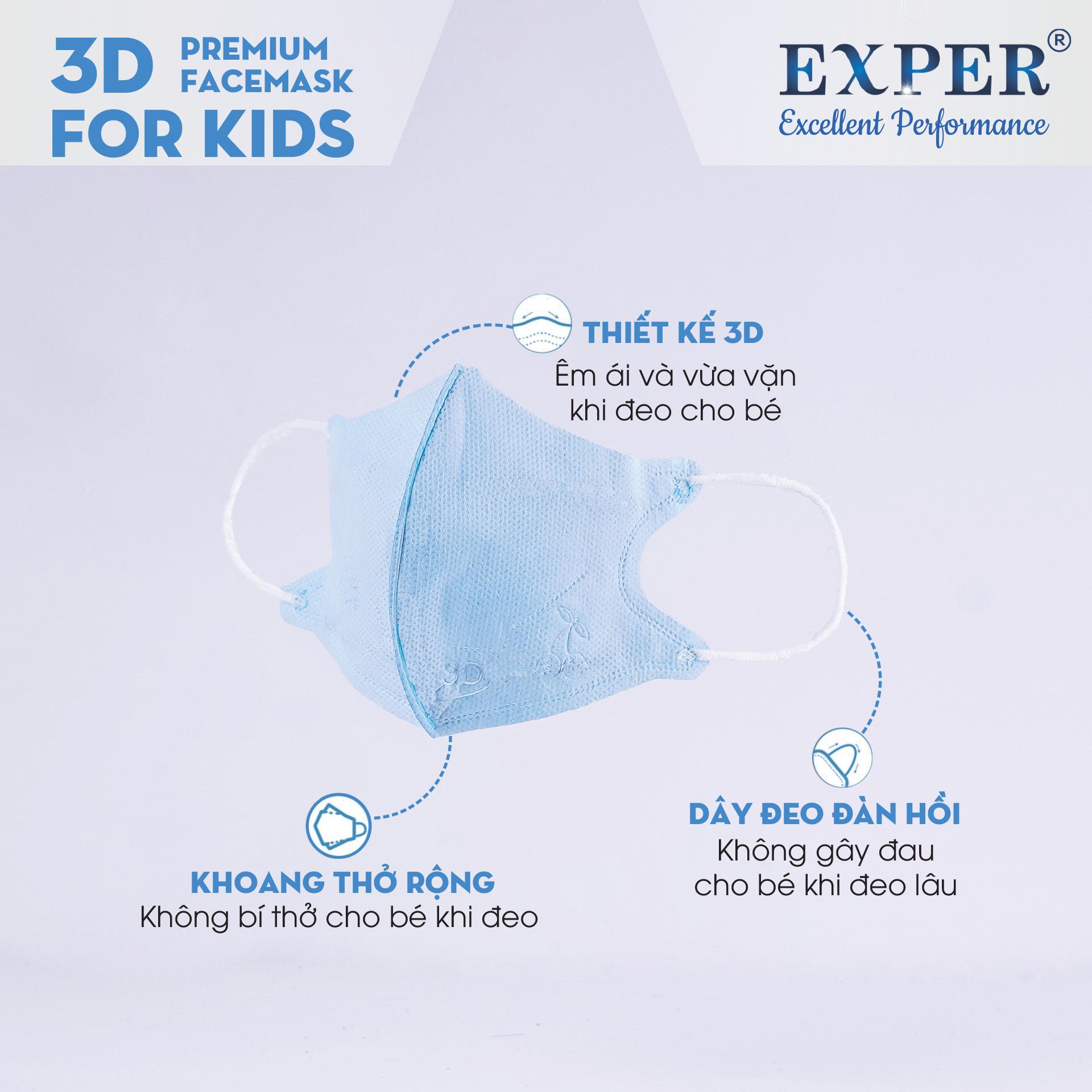 Combo 3 bịch khẩu trang 3D em bé Exper kháng khuẩn cho bé dưới 5 tuổi. Sản phẩm cao cấp bảo vệ đường hô hấp và an toàn cho bé. Khẩu trang y tế 4 lớp kháng khuẩn, mỗi bịch 10 cái