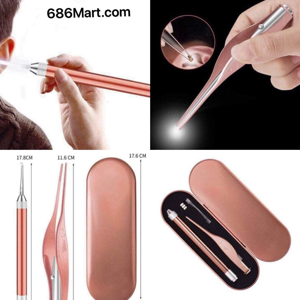 Bộ dụng cụ cây ngoáy ráy tai và gắp ráy tai có đèn led tích hợp tiện dụng thông minh, đầu ngoáy bằng nhựa mềm an toàn cho trẻ em, người lớn SALE SẬP SÀN