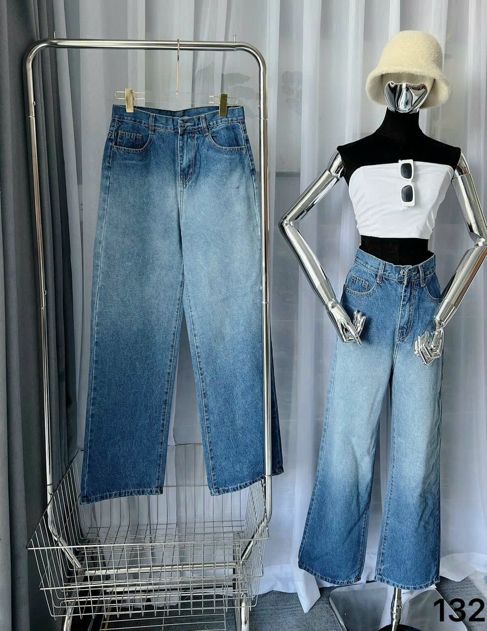 Quần jean nữ, quần baggy jean nữ ống suông lưng cao loang màu thời trang