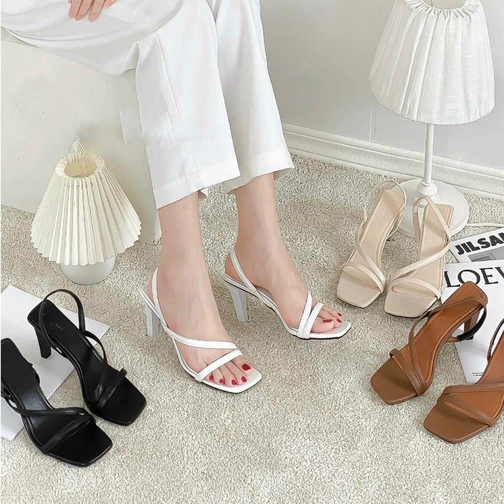 Sandal quai mảnh vát chéo gót mỏng thấp - 7P