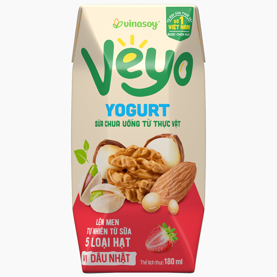 Lốc 3 sữa chua uống từ thực vật Veyo Yogurt vị Dâu Tây Nhật 180ml x hộp