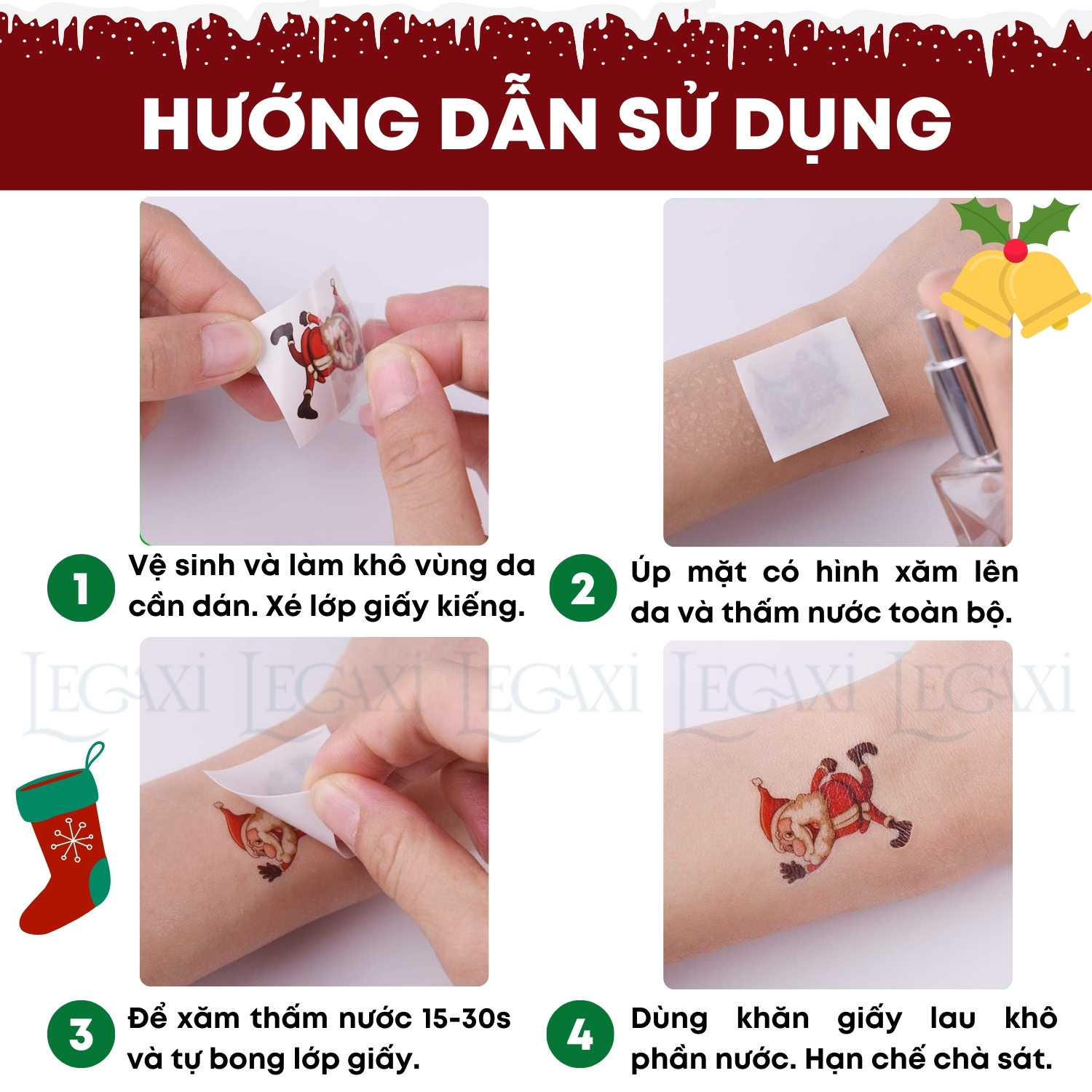 30 tờ hình xăm dán Giáng sinh Noel 180 hình lễ hội cây thông quả cầu tuyết tất người tuyết tuần lộc santa claus ông già nôen chuông misletoe gingerbread man Legaxi