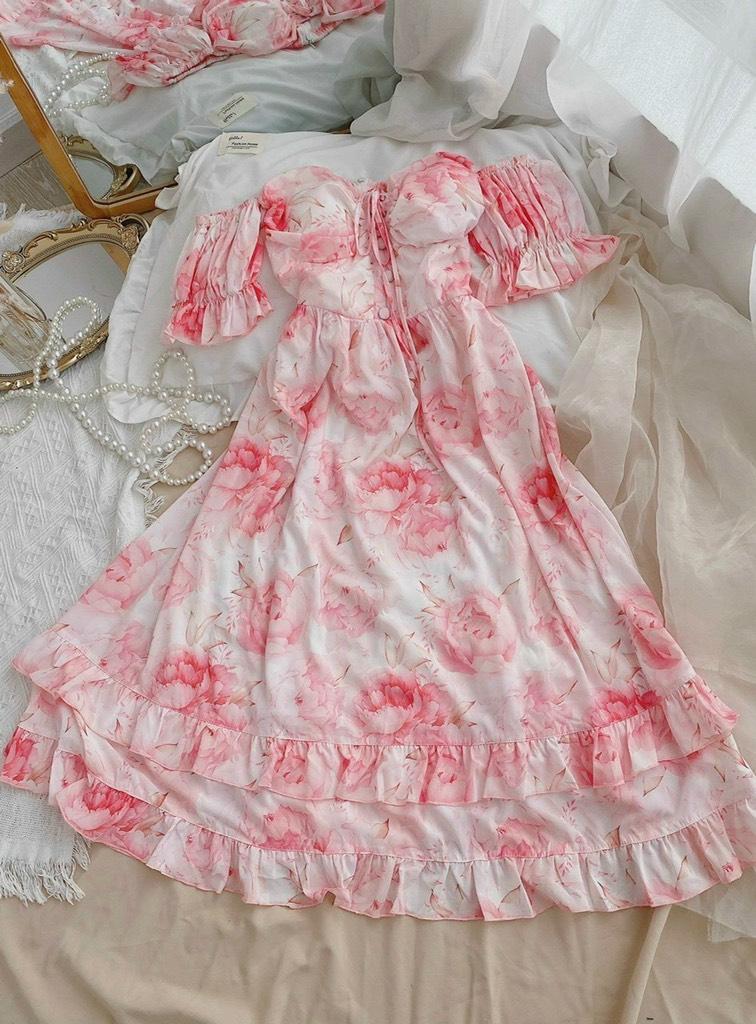 ĐẦM MAXI HOA RỚT VAI RÚT DÂY NGỰC 11694