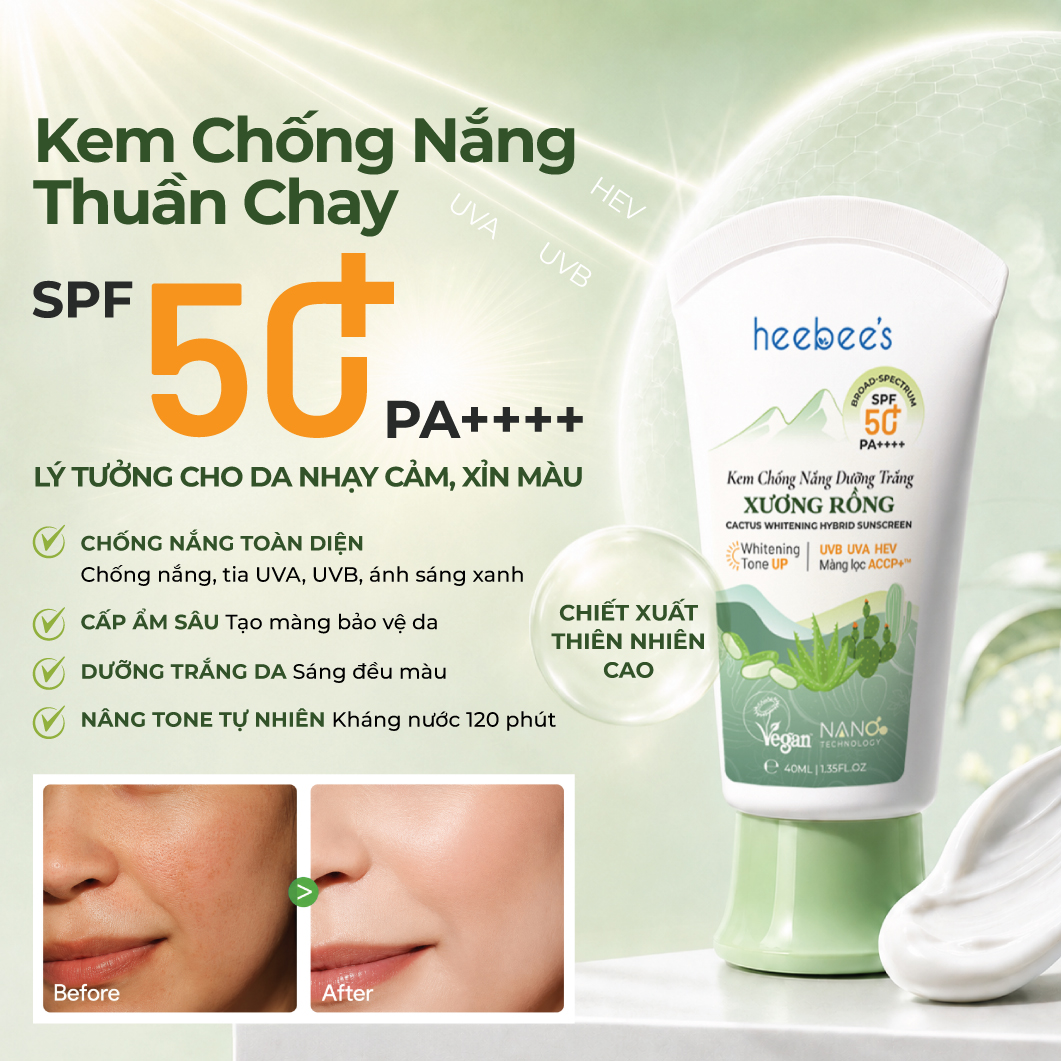 Kem Chống Nắng Thuần Chay Phổ Rộng Xương Rồng Heebee's Dưỡng Trắng, Chống Tia UVA, UVB, Ánh Sáng Xanh, Nâng Tone 40g
