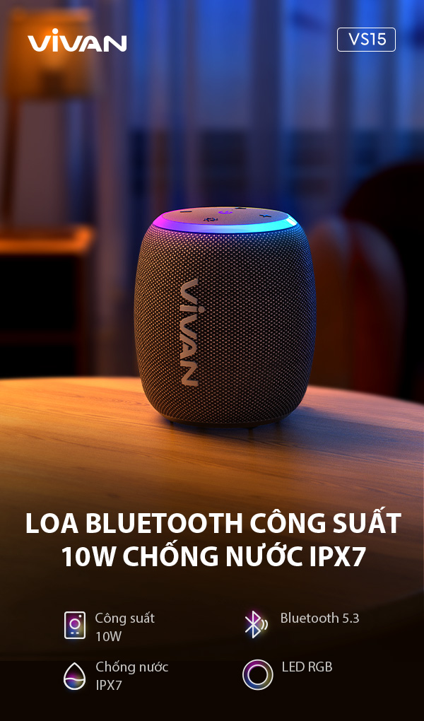 Loa Bluetooth VIVAN VS15 Công suất 10W Chống nước IPX7 Bluetooth 5.3 LED RGB HÀNG CHÍNH HÃNG