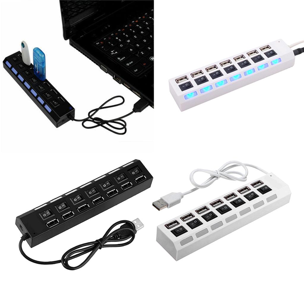 7-Port USB 2.0 High Speed Hub Adapter ON/OFF Switch with LED Indicator Black
