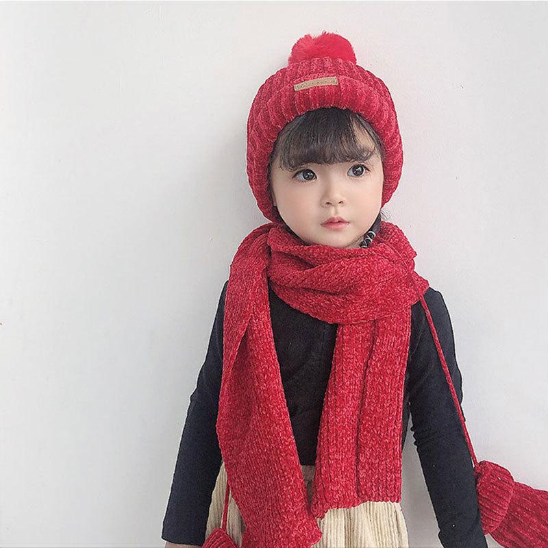 3 Mảnh Dệt Kim Nón Khăn Găng Tay Bộ Trẻ Em Nón PomPon Thu Đông Ấm Mitten Bé Trai Nắp Bò Thời Trang Bộ trẻ Em Mũ Lưỡi Trai