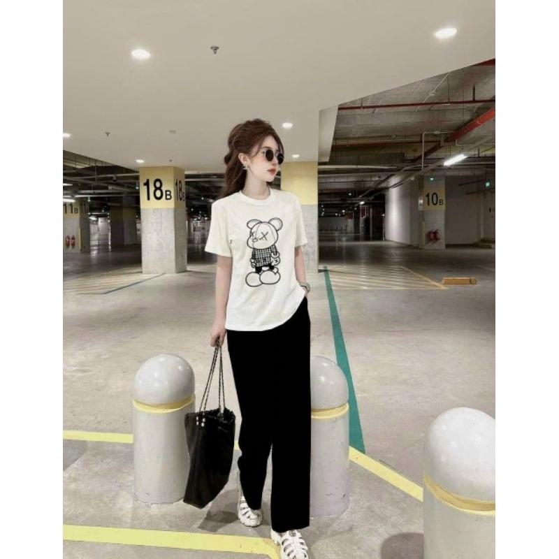Đồ bộ thun nữ có bigsize quần dài ống suông quần ống rộng áo thêu hình gấu, sét bộ đi chơi đi làm, bộ đồ mặc nhà xinh