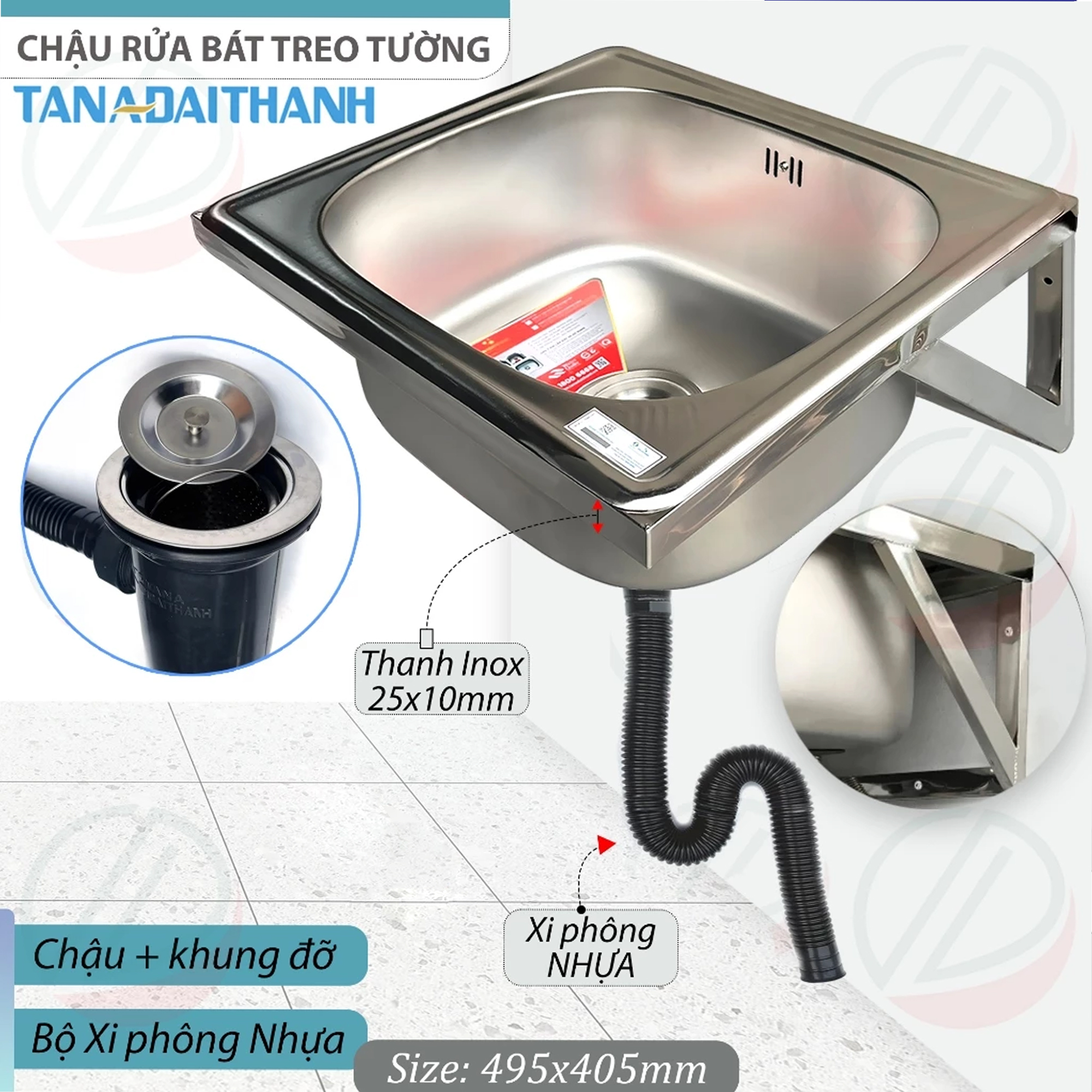 Bộ Chậu Rửa Chén Bát Treo Tường Inox TÂN Á ĐẠI THÀNH Kèm Vòi Lạnh - Mua đủ bộ Tặng dây cấp, keo lụa, đầu nối ống xả