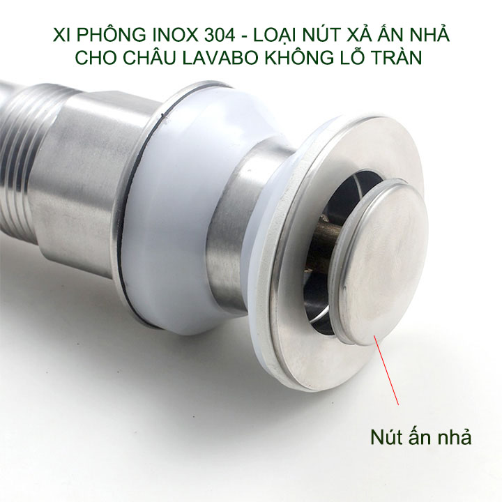Xi phông chậu rửa mặt lavabo bằng inox 304, nút nhấn đóng xả, dùng cho chậu không lỗ thoát tràn