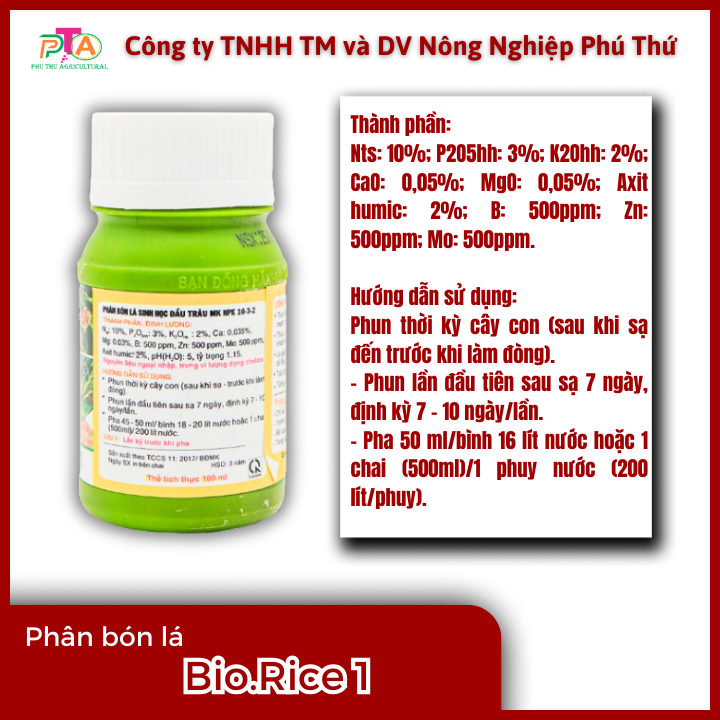 Phân Bón Lá Đầu Trâu Bio.Rice1 (10-3-2) chai 100ml
