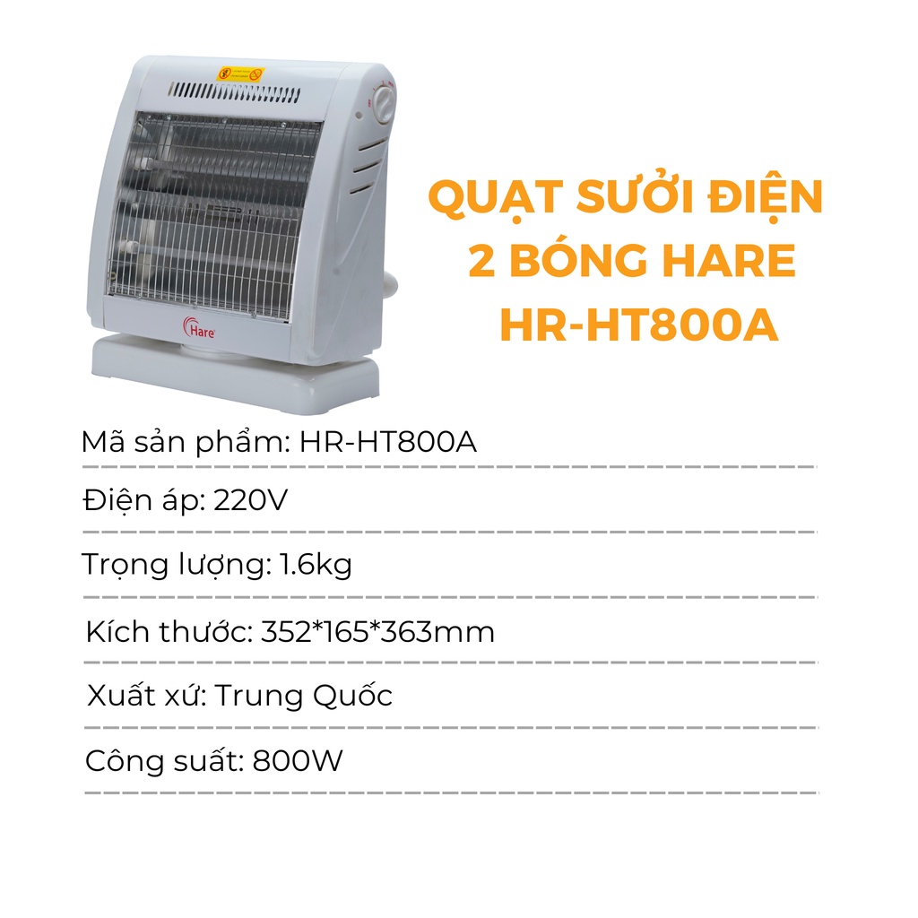 Quạt sưởi điện 2 bóng HR-HT800A -hàng chính hãng thương hiệu Hare - bảo hành 18 tháng