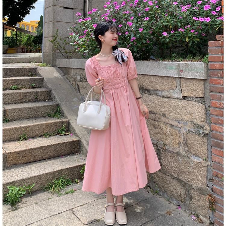 Đầm Dài Midi Cổ Vuông Bo Nhún Tay Ulzzang
