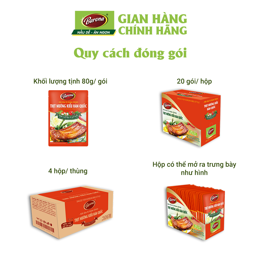 Combo 1 hộp (20 gói) Gia Vị Thịt Nướng Hàn Quốc Barona 80g ướp ngon chuẩn vị không cần nêm nếm