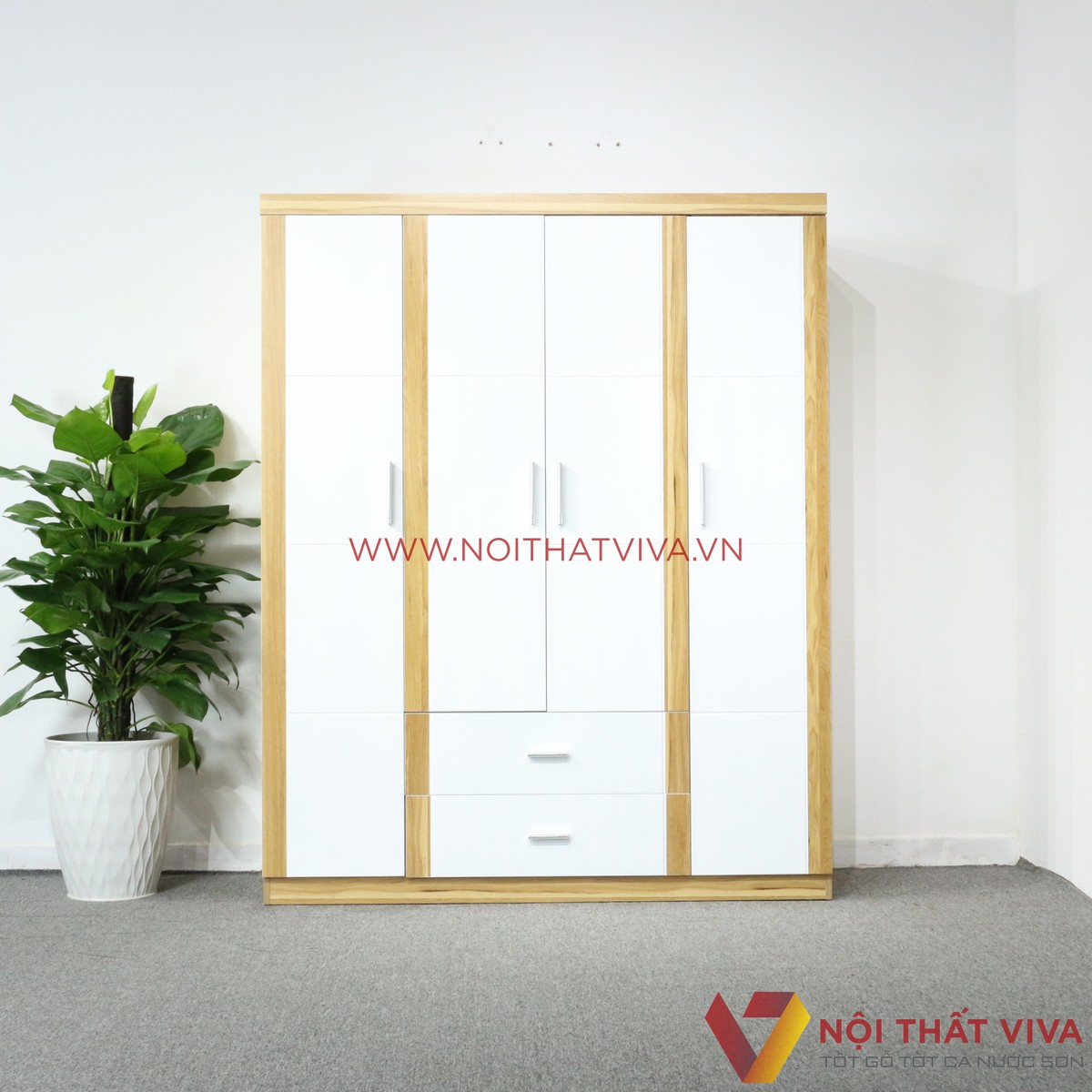 Tủ Áo 4 Cánh Cửa Mở 1m6x2M Gỗ MDF Melamine Màu Sọc Vàng Cánh Trắng