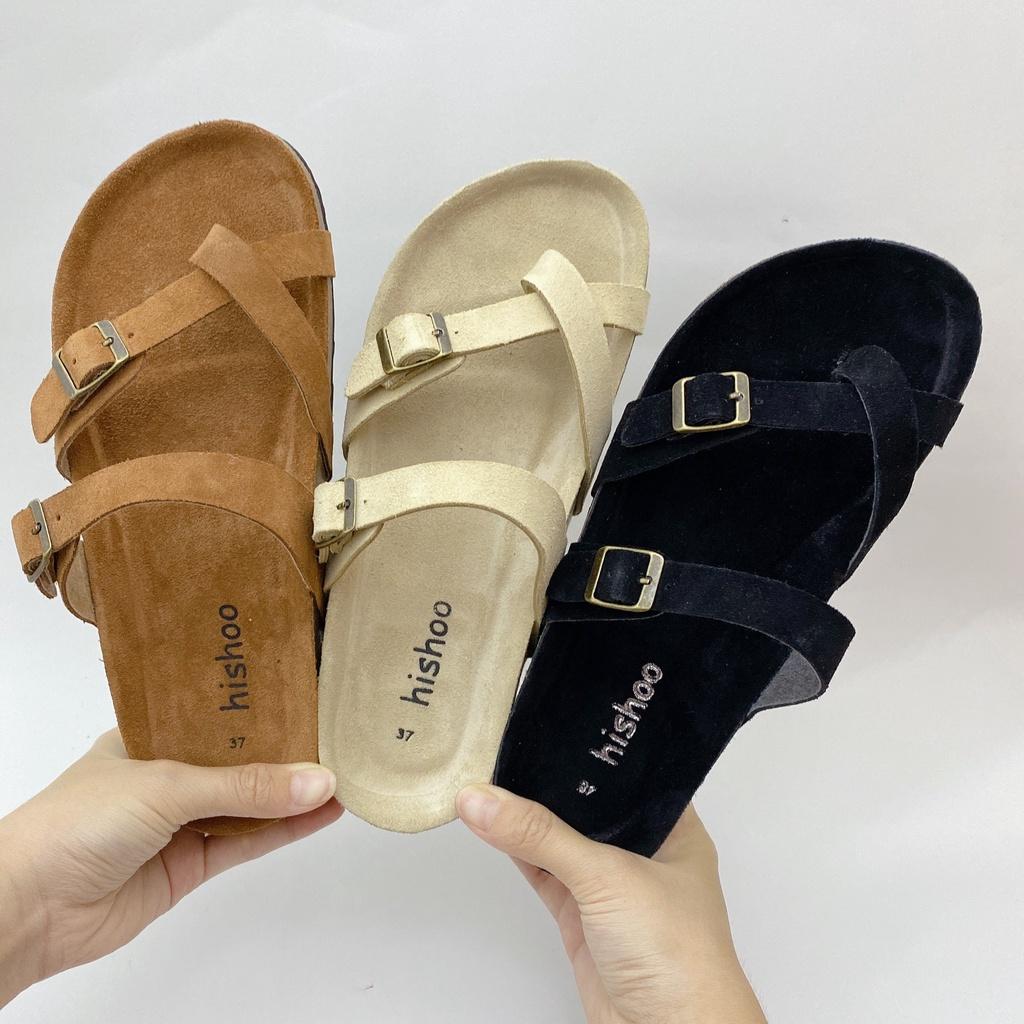 Dép đế trấu birken nam nữ unisex 2 khóa quai xỏ ngón da bò size 35 - 43 chính hãng Hishoo S101