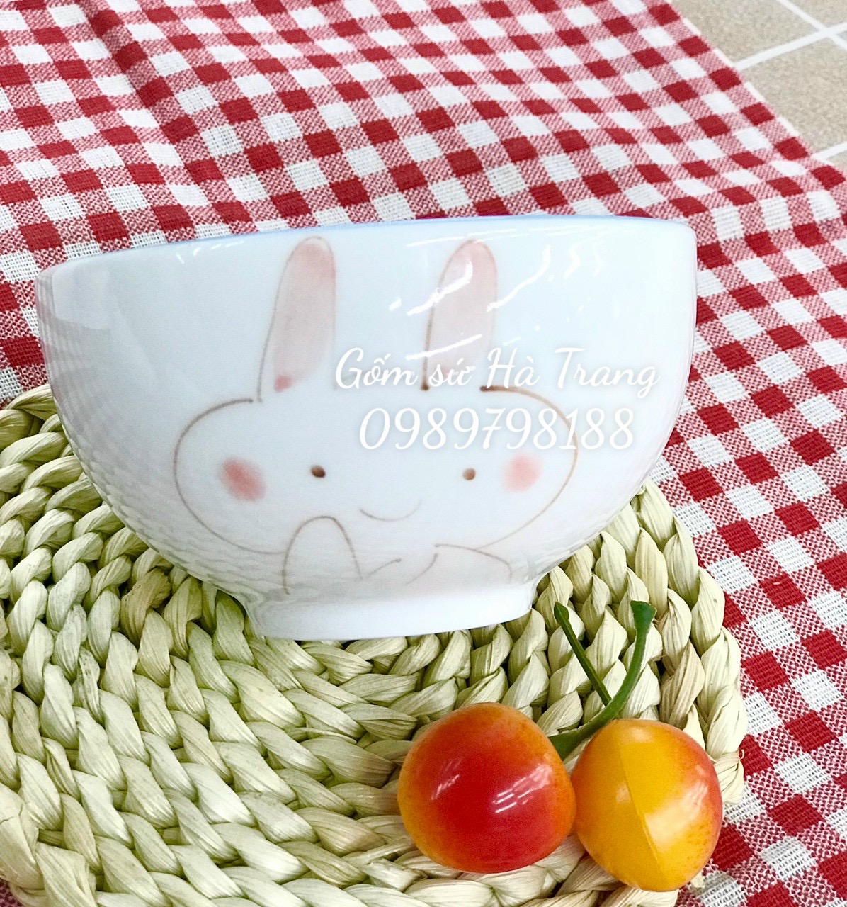 Combo 10 bát cơm gốm sứ Bát Tràng cao cấp không chì vẽ hoạ tiết thỏ
