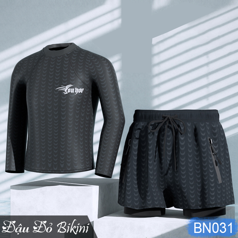 Bộ đồ bơi nam quần boxer 2 lớp cùng áo cộc tay (dài tay) hoạ tiết cá tính, set quần áo đi biển, đi bơi cho nam giới, chất thun bơi dày dặn mịn mát đẹp | BN031