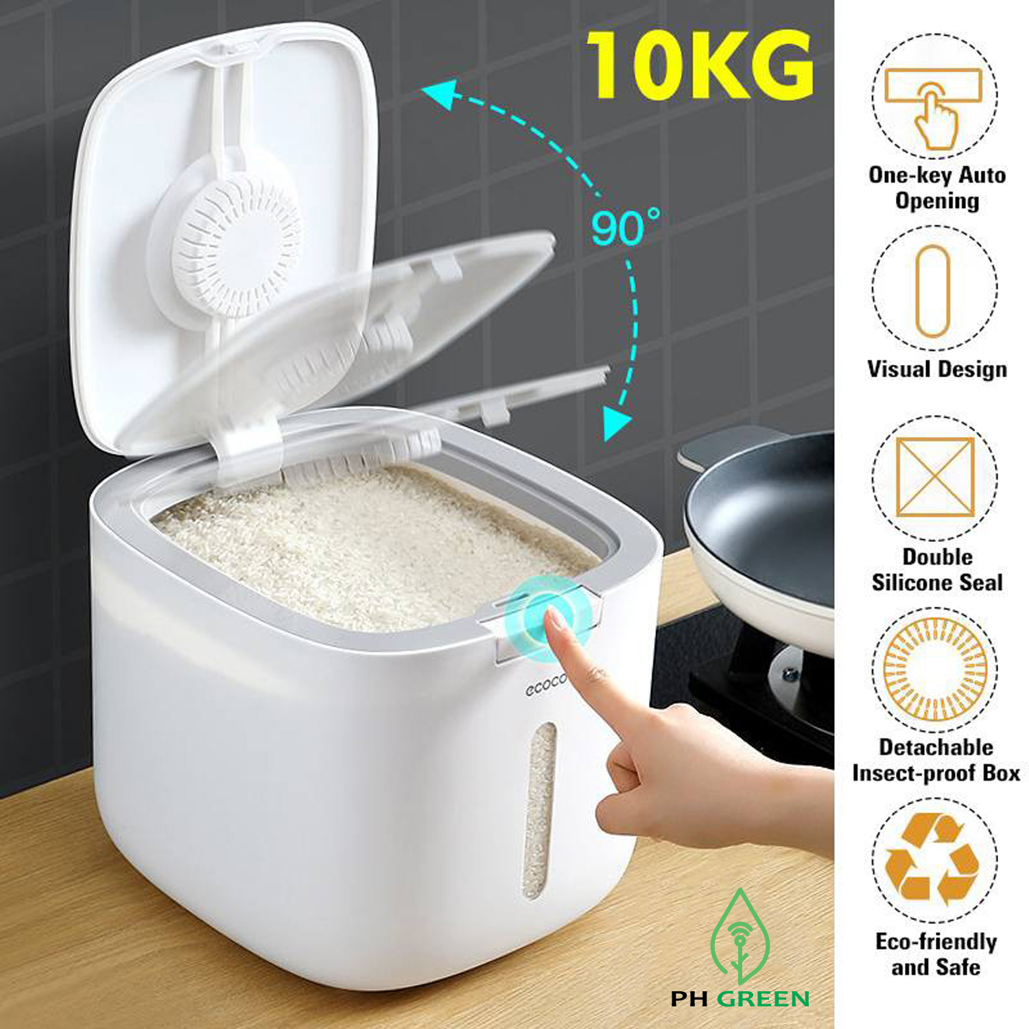 Thùng Đựng Gạo10kg, Hũ Đựng Gạo 10kg, Chống Ẩm, Mối Mọt, Thiết Kế Nhỏ Gọn, Thông Minh, Tiện Ích, Sang Trọng, Chất Liệu Nhựa ABS Cứng Cáp - Tặng kèm cốc đong gạo