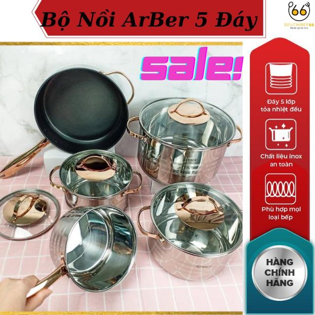 Bộ nồi inox 5 đáy ARBER AN05 BRASS 16,18,20,24cm, 1-6L, Bộ nồi chảo chống dính đáy từ 5 chiếc dùng cho bếp từ, bếp điện