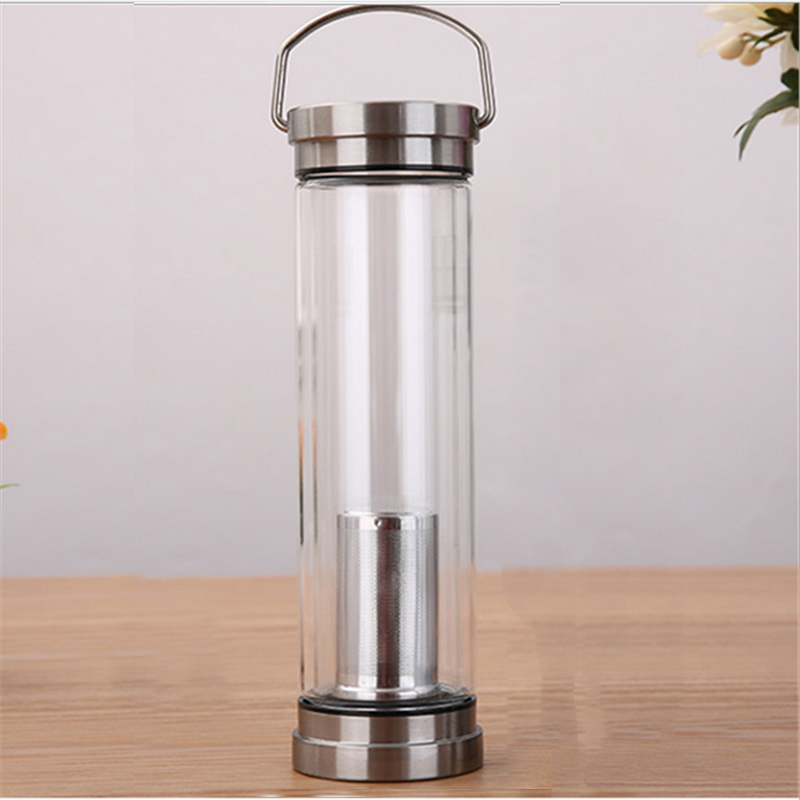 Bình thủy tinh giữ nhiệt 2 lớp 2 đầu kiêm lọc pha trà inox cao cấp có quai xách