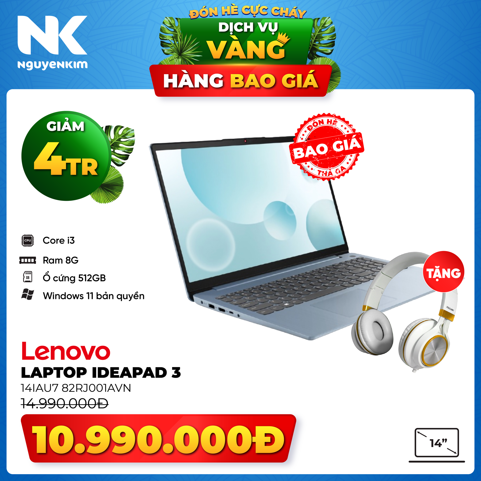 Laptop Lenovo IdeaPad 3 14IAU7 i3-1215U/8GB/512GB/Win11 82RJ001AVN - Hàng chính hãng