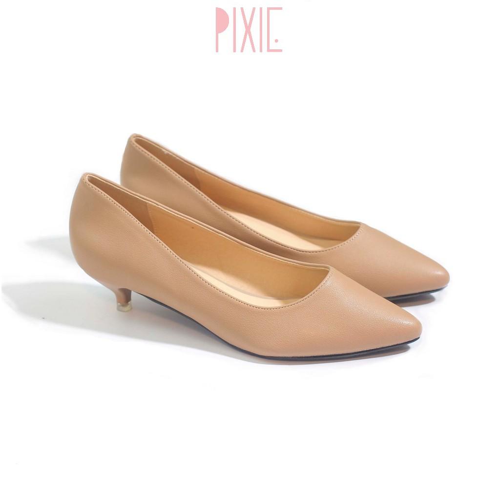 Giày Cao Gót 3cm Mũi Nhọn Gót Nhỏ Trơn Basic Màu Bò Pixie P074
