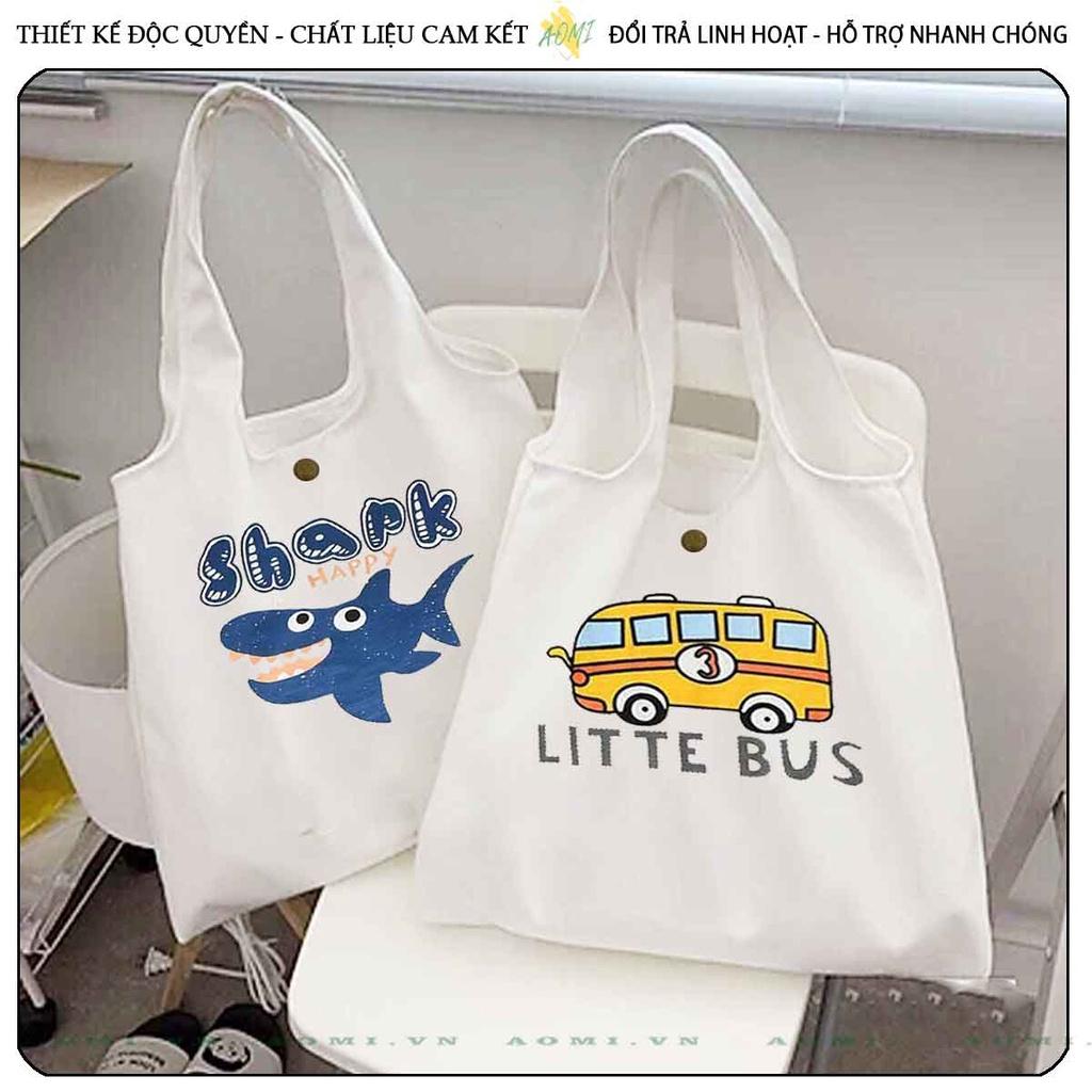 TOTE CANVAS hoat hình khủng long cute FORM TRÒN TÚI VẢI ĐEO VAI BAG NÚT BẤM SIZE LỚN AOMIVN DU LỊCH DẠO PHỐ CÁ TÍNH