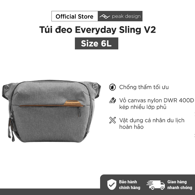 Túi Đeo Máy Ảnh Peak Design Everyday Sling v2 - 6L/ 3L/ 10L - Xám nhạt - Hàng chính hãng