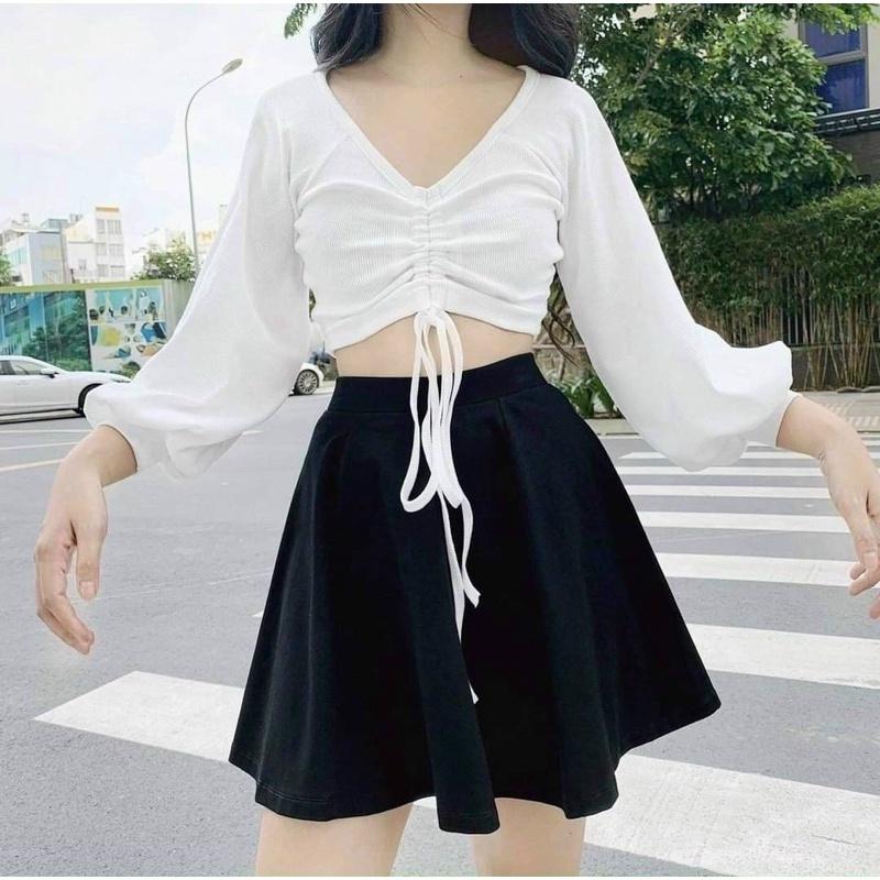 Áo Croptop Tay Dài Phồng Rút Dây Giữa Cổ Tim A5163