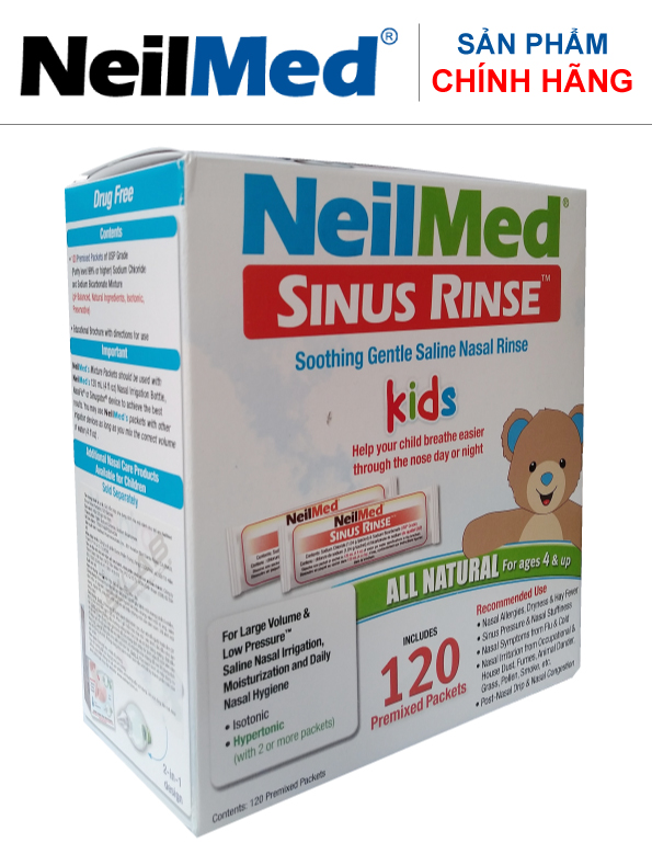 Combo Baby SinusCare: Bộ Rửa, Vệ Sinh Mũi Xoang Trẻ Em NeilMed Sinus Rinse Kids - SX Mỹ(1 Bình + 30 gói muối và 1 Hộp 120 gói muối rửa bổ sung)