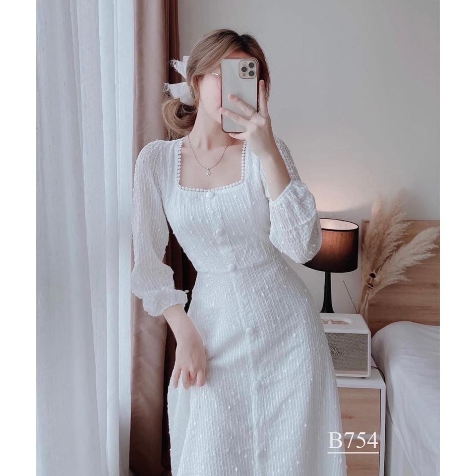 Đầm Ren Cổ Vuông Phối Nút Xinh Xắn - D0498