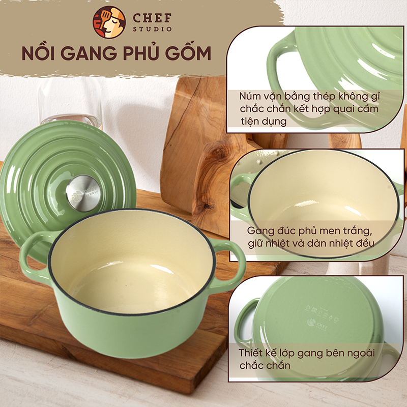 Chefstudio - Nồi Gang Phủ Gốm Xanh Ngọc, Đa Năng, Chống Dính, Giữ Nhiệt Tốt, Phù Hợp Mọi Loại Bếp