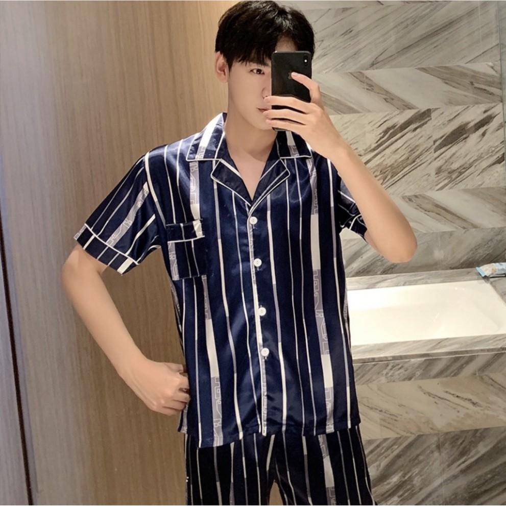 Pijiama nam cộc tay - Đồ bộ nam - đồ mặc nhà nam chất vải lụa satin mềm sang trọng (Hàng có sẵn)