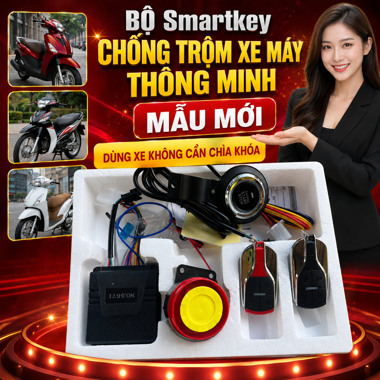 Bộ Smartkey Chống Trộm Xe Máy Thông Minh Mẫu Mới – Khởi Động Không Cần Chìa Khóa, Báo Động Cực Nhạy