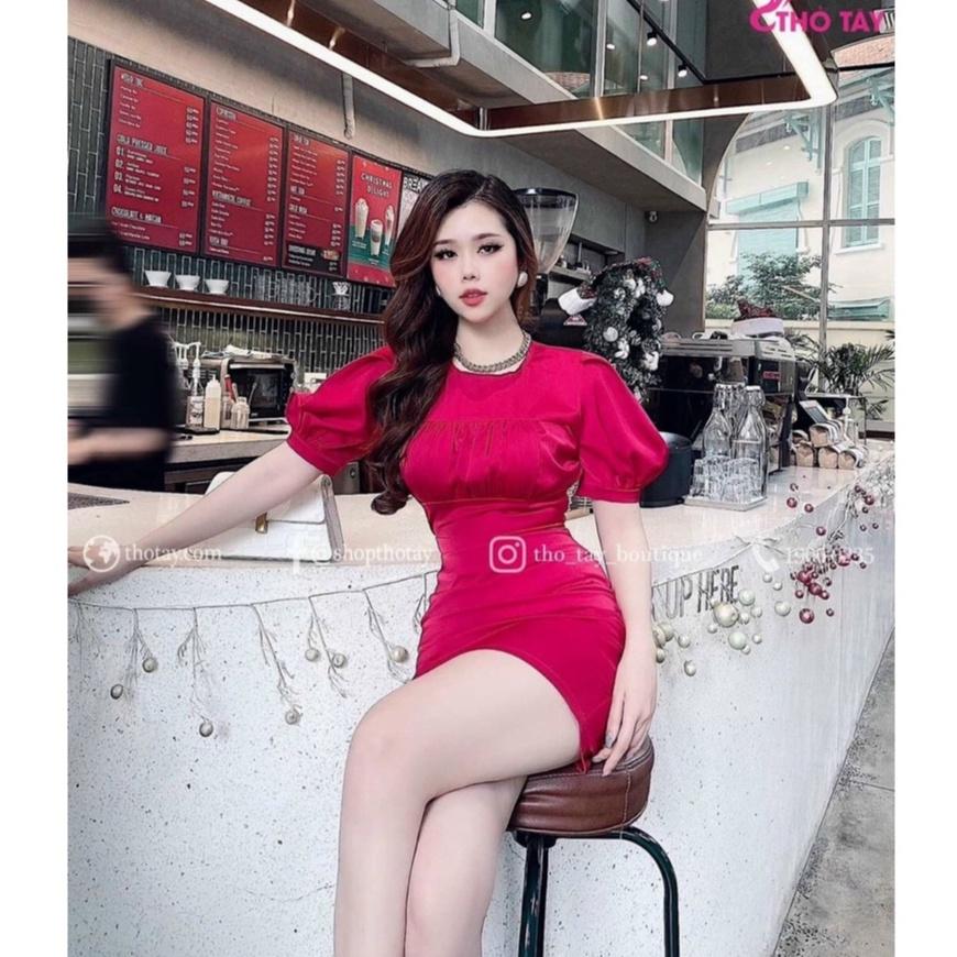 Đầm body xếp ly tay phồng cổ tròn nhún ngực sang chảnh
