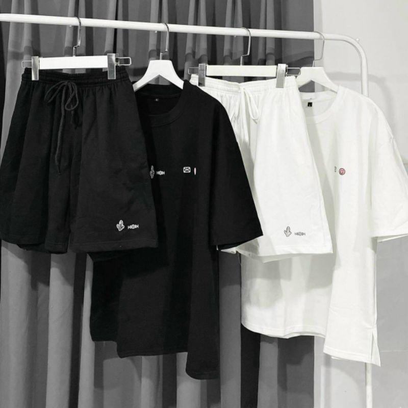 Bộ mặc nhà unisex nam nữ in chữ phối màu,set đùi kèm áo phông tay lỡ form rộng đi chơi đi học đều được