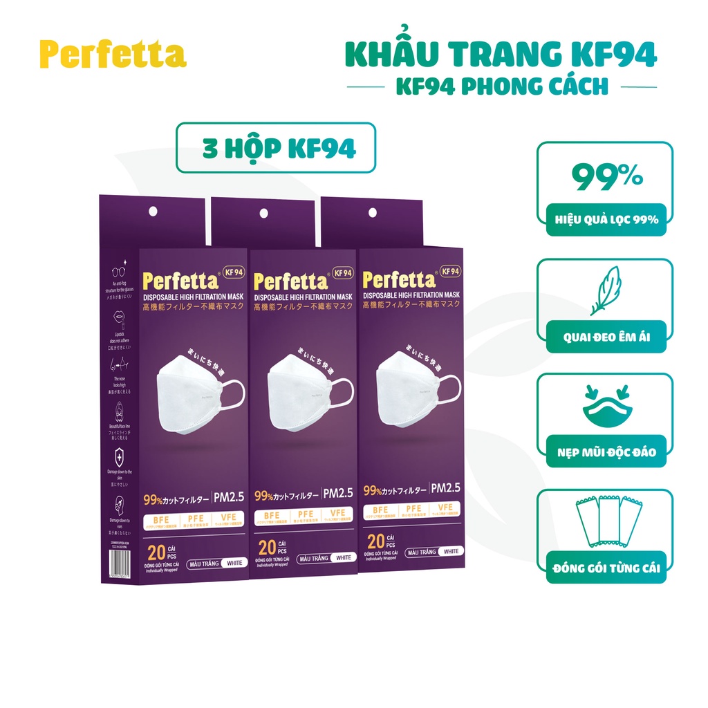 [COMBO 3 HỘP] - Khẩu Trang KF94 Phong Cách Hàn Quốc Chất Lượng Cao, Kháng Khuẩn, Chống Bụi Mịn, 3 Lớp, Bảo Vệ Tối Ưu, Đóng Gói Từng Cái - (20 cái/hộp)