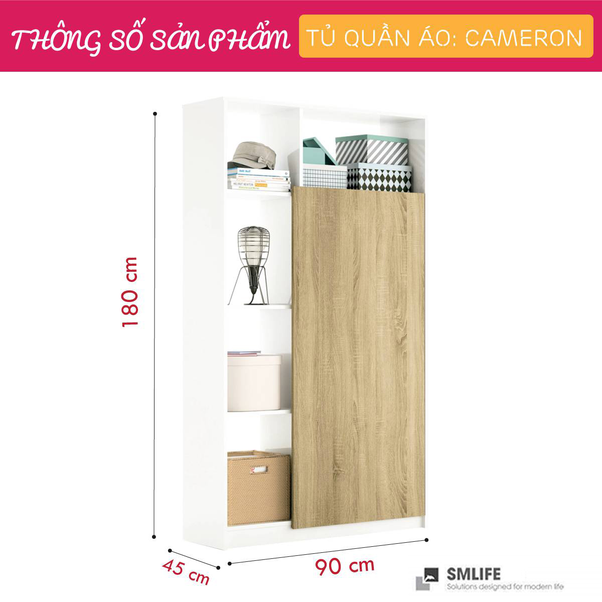 Tủ quần áo gỗ hiện đại SMLIFE Cameron | Gỗ MDF dày 17mm chống ẩm | D80xR80xC45cm