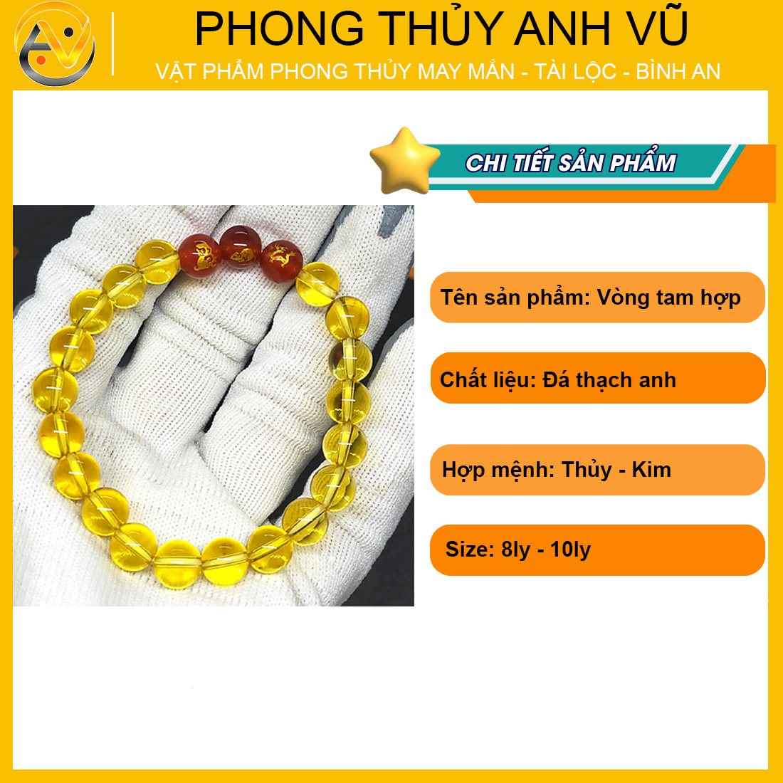 Vòng tay thạch anh vàng tam hợp thân tý thìn đã khai quang - size 8 10ly - may mắn tài lộc - Vòng Tam Hợp Anh Vũ