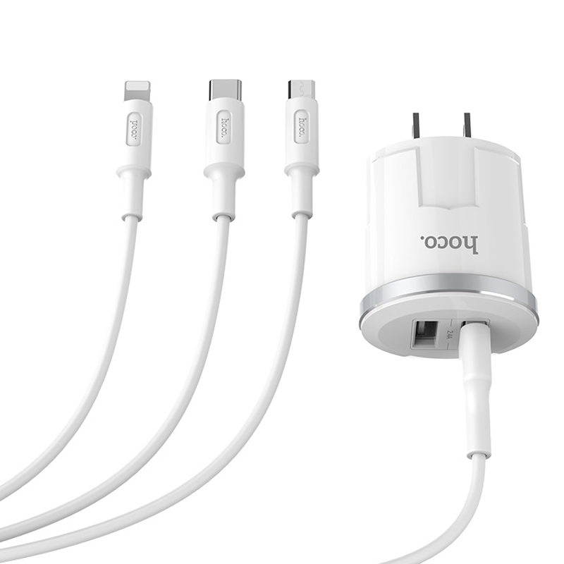 Bộ Adapter Sạc Hoco C38A Thunder Power Dual Port Charger Set 3-in-1(EU) - Hàng Nhập Khẩu