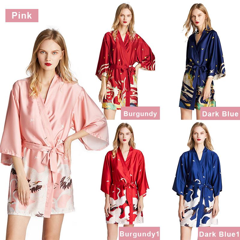 Women Pajamas Print Night Robe V Neck Three Quarter Sleeve Soft Comfortable Satin Nightwear Gown Sleepwear