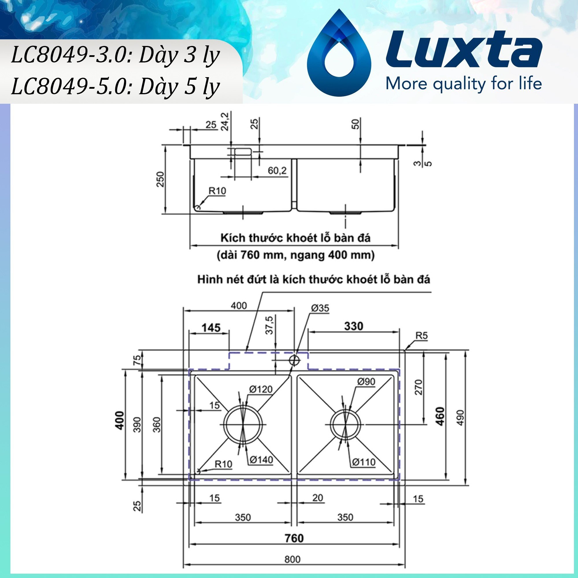 Chậu Rửa Bát Chính Hãng LUXTA LC8049 Dày 3-5 Ly INOX 304 CHỐNG GỈ SÉT