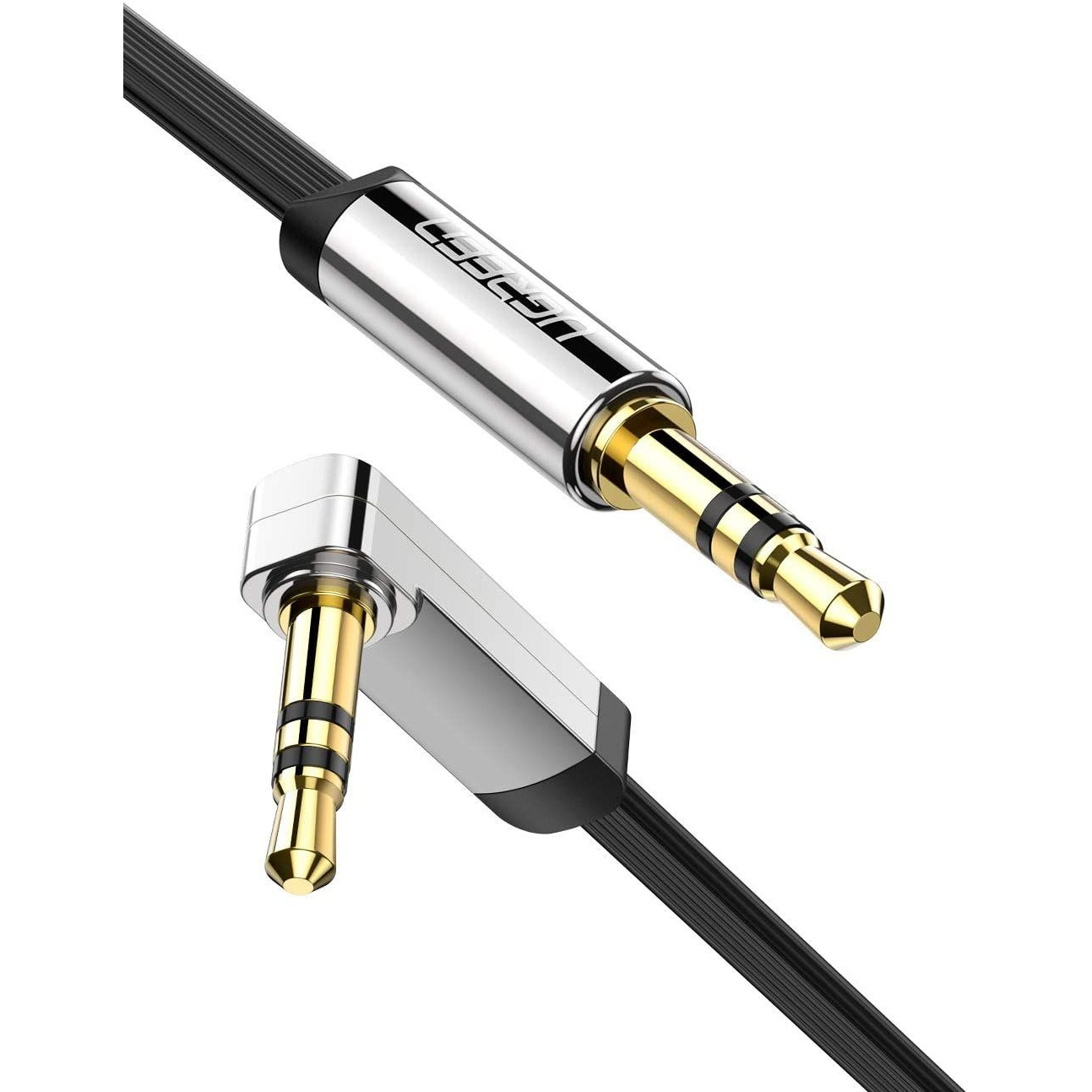 Cáp 90 độ bẻ góc phải 3.5mm 2 đầu đực mạ vàng 24k màu đen siêu mởng 1M Ugreen 119AT60288AV Hàng chính hãng