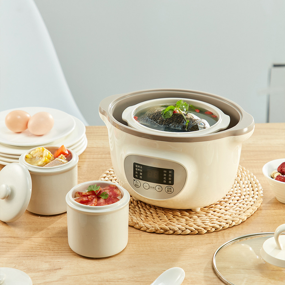 Nồi Ninh Hầm, Nấu Cháo, Chưng Yến, Nấu Cháo Chậm Đa Năng 2 Tầng. Tặng Kèm Lồng Hấp + 2 Nồi Sứ 500ml -- Hàng Nhập Khẩu