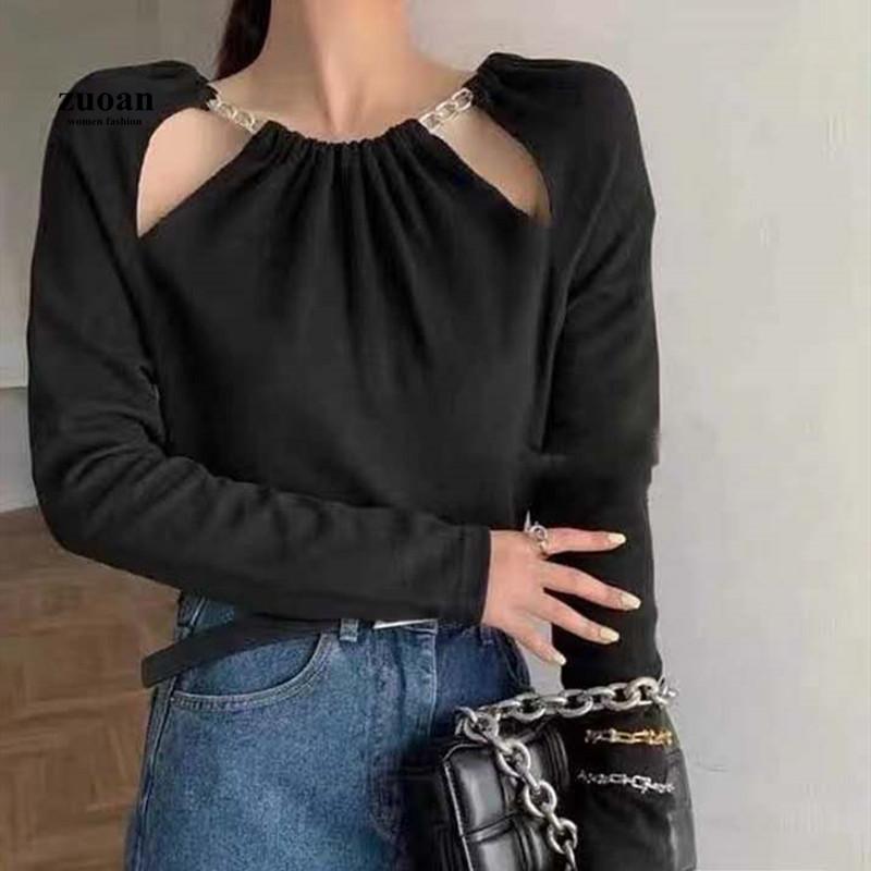 SUXI Áo Thun Dệt Kim Tay Dài Cổ Tròn Phong Cách Hàn Quốc